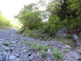 左岸上流の赤ペンキ岩